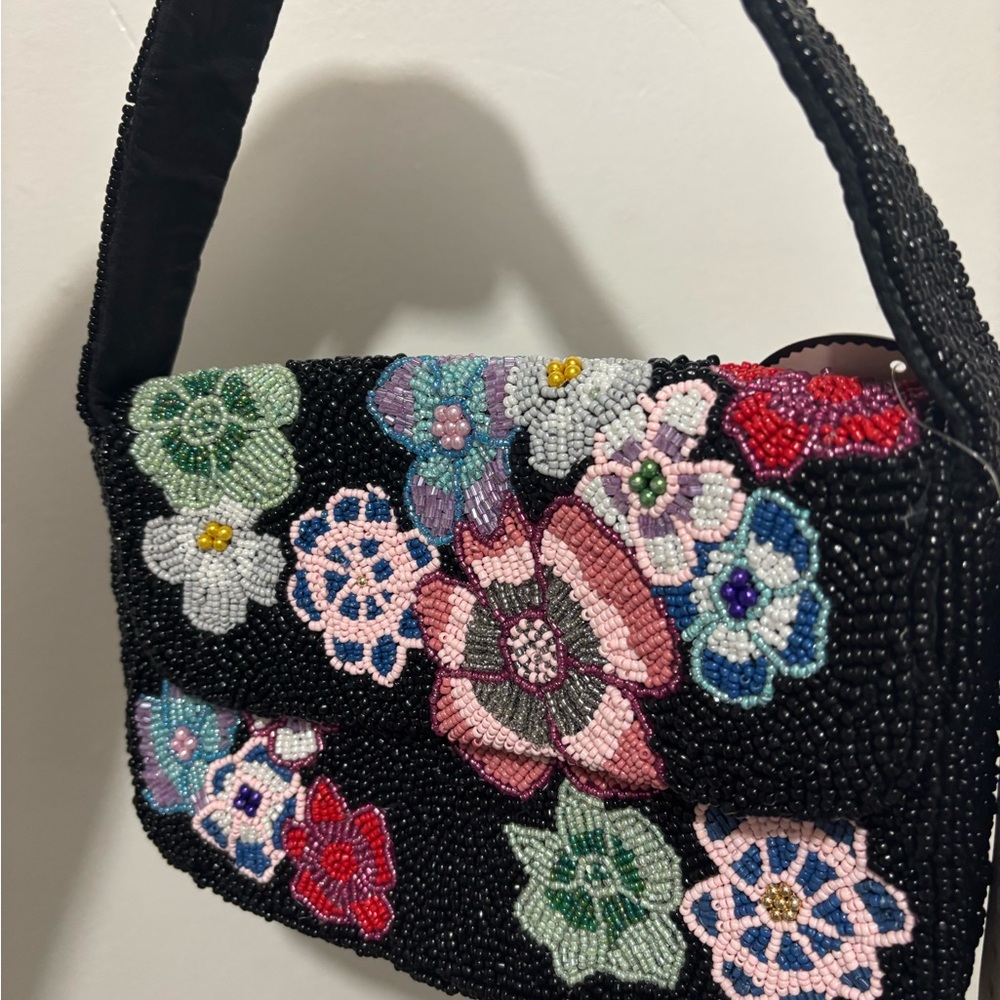 Floral Beaded Black Handbag